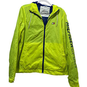 90s Tommy Hilfiger Mens Neon Green Yellow Hooded Windbreaker Jacket M Spell Out
